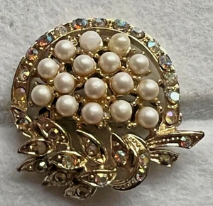 WUNDERSCHÖNE BROSCHE KUNSTPERLE AURORA KRISTALL GOLDFARBEN - Bild 1 von 4