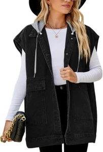 Women's Denim Hooded Loose Sleeveless Vest w/Pockets Black XL (B23) - Picture 1 of 3