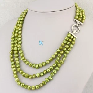 18-21 Zoll 7-8 mm grüne 3-reihige barocke Süßwasserperlen Halskette - Bild 1 von 4