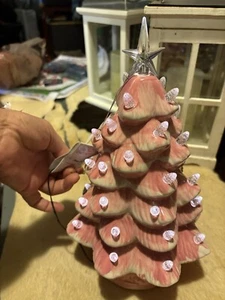 Mr. Christmas Nostalgic Retro Pink Illuminated Xmas Tree 12" Ceramic Light Up - Picture 1 of 13