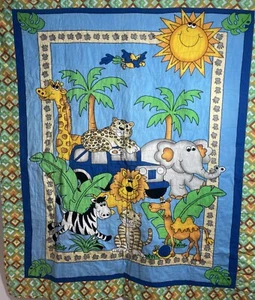 Baby Quilt Crib Boys Jungle Safari animals Hoffman used blue hand stitched - Picture 1 of 7