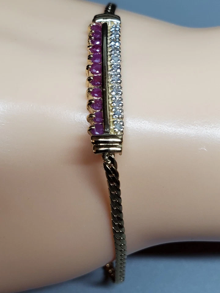 Brazalete de cadena de diamantes y rubíes de plata de ley maciza de 18 quilates de 7,8" Foto 1 de 4