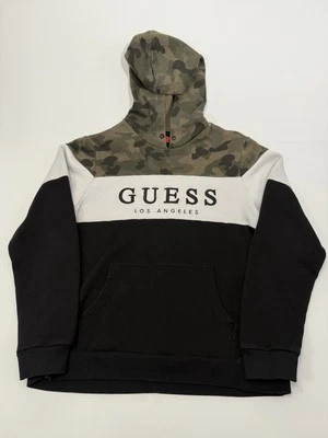 Sudadera con capucha vintage Guess Jeans negra/logo camuflaje deletreada pulóver para hombre mediana retro Foto 1 de 4