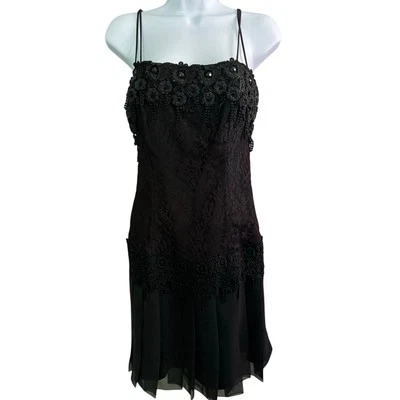 VTG Jessica McClintock Mini Dress 6 Black Bead Floral Brocade Lace Chiffon Party - Image 1 of 4