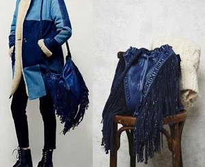 Bolso de Cuero Raro Free People Isadora Amarillo Flecos Borlas Azul Nuevo sin Etiquetas - Imagen 1 de 10