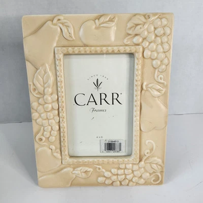 Carr Picture Frame Glazed Ceramic Fruit Grapes Apples Pears Tan - Image 1 of 4