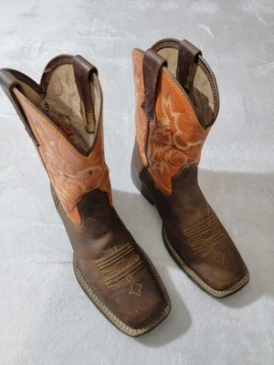 Botas ARIAT Jóvenes EE. UU. 3 Cuero Marrón/Naranja Punta Cuadrada Vaquero/Niña Western Rodeo Foto 1 de 4
