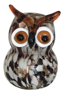 Art Glass Owl Figurine Paperweight Brown White Gold Applied Eyes - Picture 1 of 5