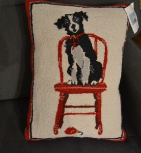 Mary Lake Thompson DOG Negro/Blanco Enganchado 100% Lana Almohada 16" x 20" Silla Roja - Imagen 1 de 9