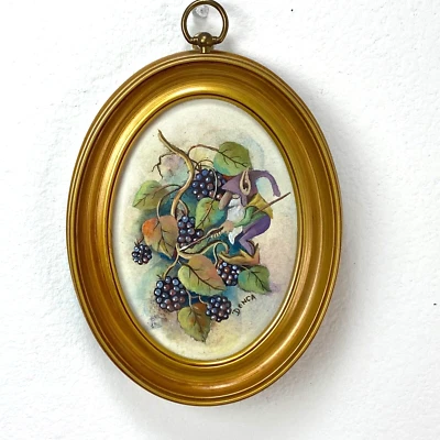 Pintura Artística Vintage Elfo y Uvas Ovalada Marco Dorado Vidrio Boho Hada Fantasía 9" Foto 1 de 4