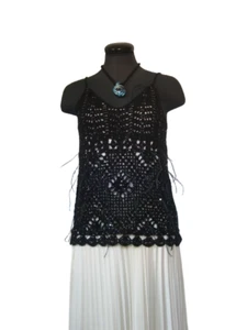 Oscar de la Renta couture top, Y2K black beads/feathers, crochet cashmere,Sale! - Picture 1 of 13