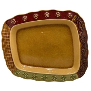 Cheese Plate Pottery Brown Green Waffle Floral Scroll Asymmetrical - Picture 1 of 9