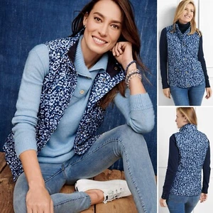 TALBOTS Quilted Vest Leopard Print Fleece Lined XL Flap Pockets Zip Snap Button - Picture 1 of 11