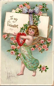 Postal a mi corazón querubín de San Valentín rosas rojas espalda dividida matasellos 1910 - Imagen 1 de 2