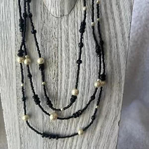 White House Black Market 3 Strand Faux Pearls & Black Glass Beads Necklace - Picture 1 of 6