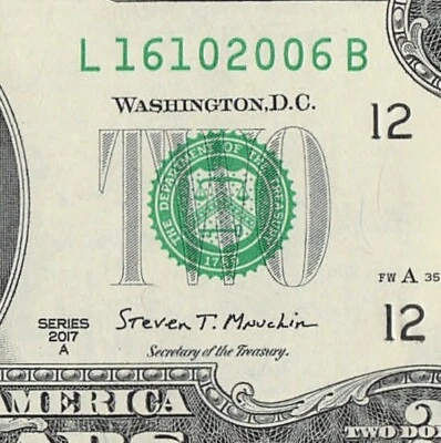 OCT 16 2006 Birthday Date Note Fancy Serial Number Two Dollar Bill 10 16 2006 - Image 1 of 4