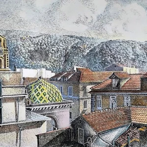 Acquaforte Incisione ritoccata Stinga Paesaggio Casa Tetti montagna Borgo Vintag - Foto 1 di 9