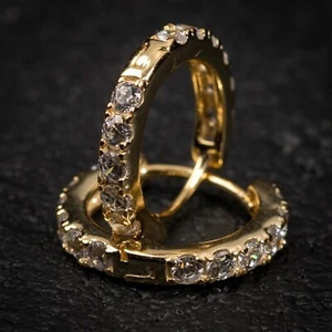 Men's 14K Yellow Gold Plated 925 Silver Small Cz Huggie Hoop Earrings Gift - Picture 1 of 3