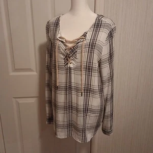 Top Henley Bass para mujer talla XL blanco negro gris a cuadros moderno retro con cordones LNC - Imagen 1 de 15