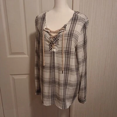 Top Henley Bass para mujer talla XL blanco negro gris a cuadros moderno retro con cordones LNC Foto 1 de 4