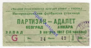 FK Partizan FC Beograd Belgrade Adalet Ankara 1957 Soccer Football Match Ticket - Picture 1 of 2