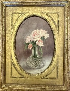 Edith Tuchman (americana, 20 C) pintura al óleo sobre tabla de rosas en florero 1964 - Imagen 1 de 10