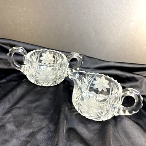 Antique American Brilliant Cut Crystal Glass Sugar Bowl & Creamer Flower - Picture 1 of 10