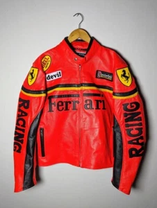 Ferrari Racing Biker Jacket Motorbike Red Cowhide Real Leather Motorcycle Jacket - Picture 1 of 3