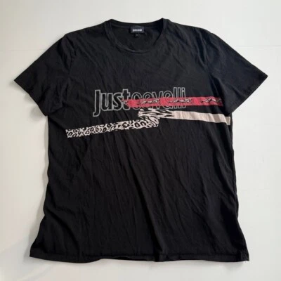 Just Cavalli Men’s Large Black Leopard Print Graphic T-Shirt Crewneck Casual - Image 1 of 4