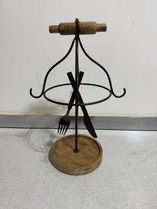 VTG Pier 1 Imports Rustic Cutlery & Mug Tree Metal & Wood Holder Rack - Picture 1 of 6