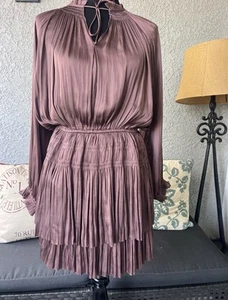 Reset by Jane Lana Satin Brown Tiered Mini Dress Pleated Size Medium - Picture 1 of 7