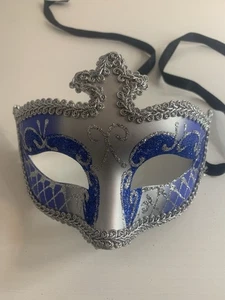 Silver and Blue Masquerade Eye Mask From Venice Italy - Picture 1 of 5