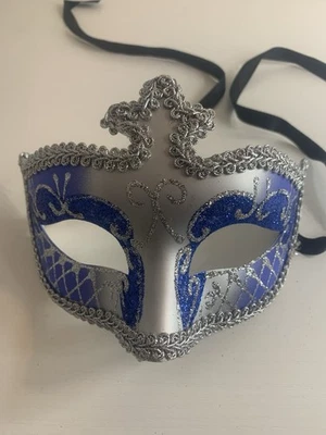 Silver and Blue Masquerade Eye Mask From Venice Italy - Image 1 of 4