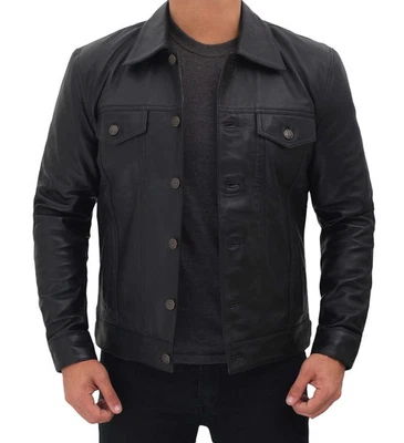 Chemise homme en cuir de camionneur noir véritable peau de mouton style jean veste en cuir - Photo 1/4