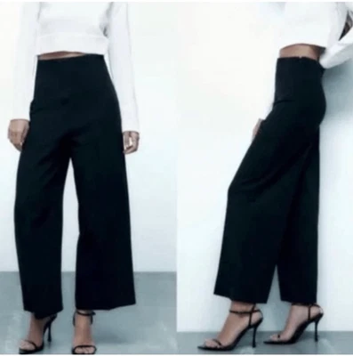 NWT Zara High-waist Wide-leg cropped pants navy sz XS petite friendly career - Image 1 of 4