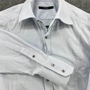 Gucci Men's 15 3/4 - 40 French Cuff Button Dress Shirt Blue Striped Italy Dress - Picture 1 of 18