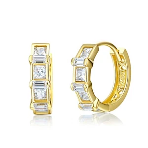 1.00Ct Princess Baguette Simulated Diamond Huggie Earrings 14K Solid Yellow Gold - Picture 1 of 8