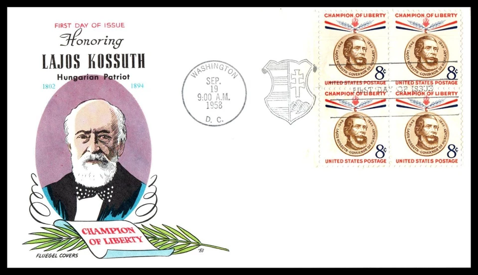 1958 Lajos Kossuth champion 8c Sc 1118 block of 4 FDC with Fluegel cachet (L10 - Image 1 of 1
