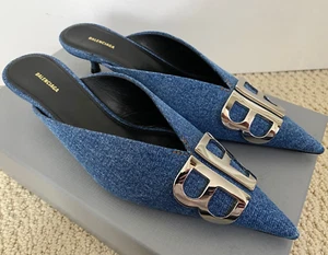 NIB Balenciaga BB Logo Knife Blue Denim Pointed Toe Mule Pumps Sz 36.5 6.5 $950 - Picture 1 of 12