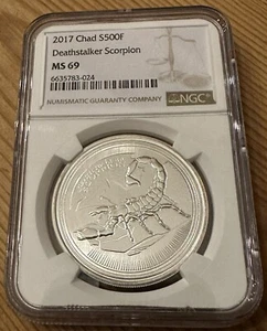 Deathstalker Scorpion 2017 Chad Coin 1 Troy Oz .999 Fine Silver NGC 69 - Picture 1 of 2