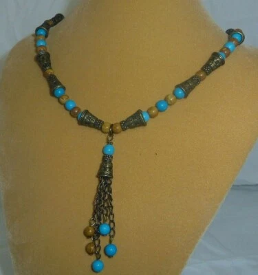 Tiza Turquesa y Ónix Cuentas Hecho a Mano 16" Collar Bronce Cadena Colgante Nuevo B212 Foto 1 de 3