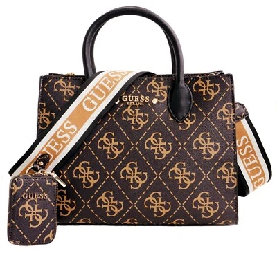 Guess Damen Tasche Schultertasche Rea High Society Satchel  Brown 4G Logo  Neu - Bild 1 von 4