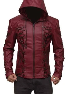 Red arrow hooded arsenal leather costume Faux Movie Jacket Biker Rider All Size  - Picture 1 of 4