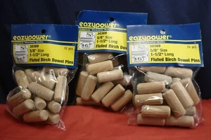 45 PCS. EASYPOWER 5/8" X 1-1/2" FLUTED BIRCH DOWEL PINS QUALITY HARDWOOD - Foto 1 di 8
