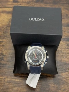 Bulova Precisionist Chronograph - Men's - Silver/Navy Blue Rubber Band - 98B315 - Picture 1 of 24