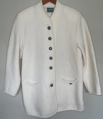 Geiger Pure New Wool Cream Color Coat Size 36 Embossed Buttons Made In Austria - Image 1 of 4