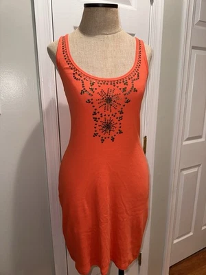 Moda International Y2K Festival Orange Embellished Beaded Ribbed Body Con Dress - Image 1 of 4
