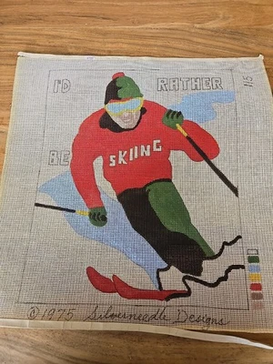 Vintage Silver Needle Designs Needlepoint Canvas I'd Rather Be Skiing Skier - Image 1 of 4