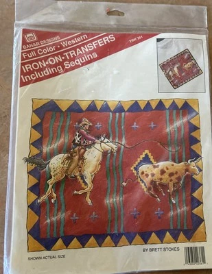 Vintage Banar Design Full Color Western Cowboy, Cowgirl, Bull Iron On Transfer - Imagem 1 de 4