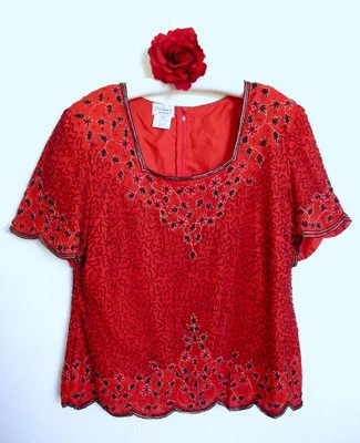 VTG Stenay Woman Silk Beaded Trophy Top 2X Plus Red Black Gold 80s Glam Cocktail - Image 1 of 4